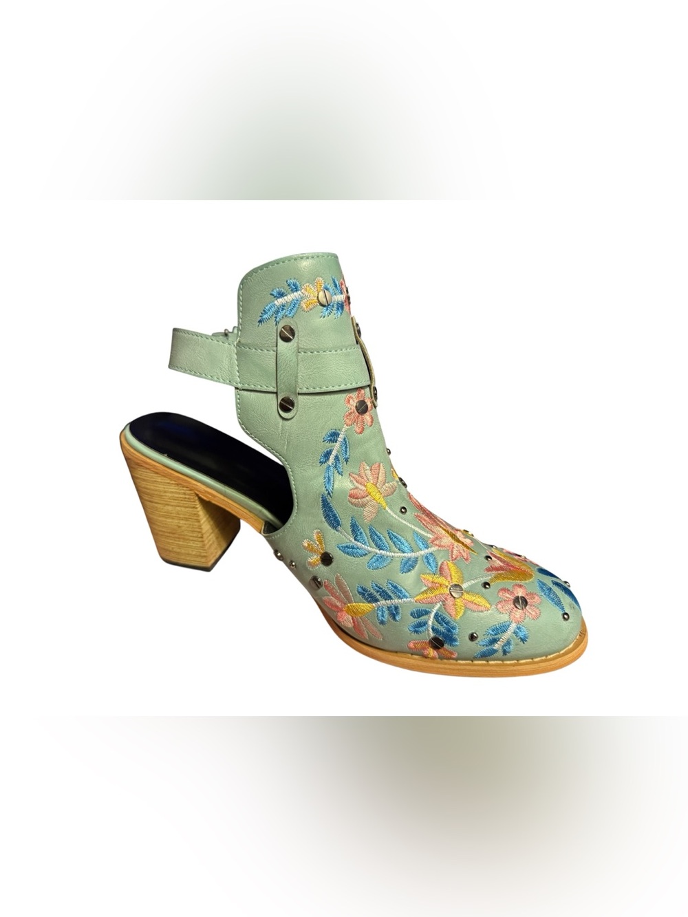 Embroidered Floral Studded Mule Booties Block Heel Mint Green Boho
